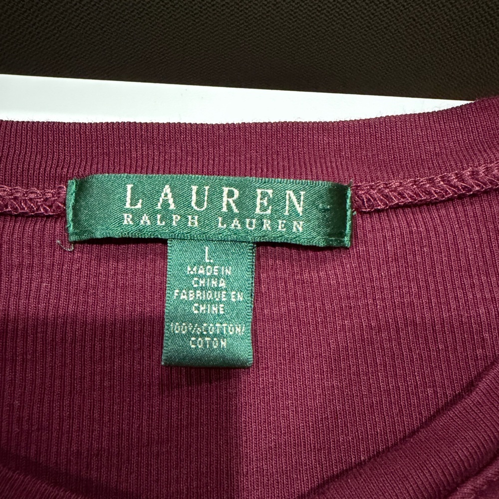 Lauren Ralph Lauren Women's Burgundy Ruffle Front Long Sleeve Cotton Top size L - Picture 4 of 5